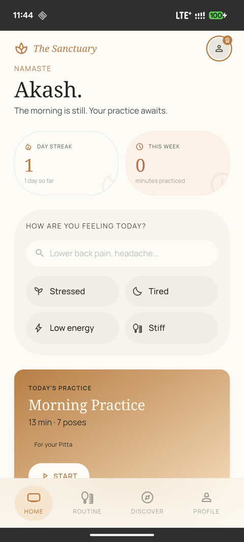 The Sanctuary app — Today's Practice on the home screen